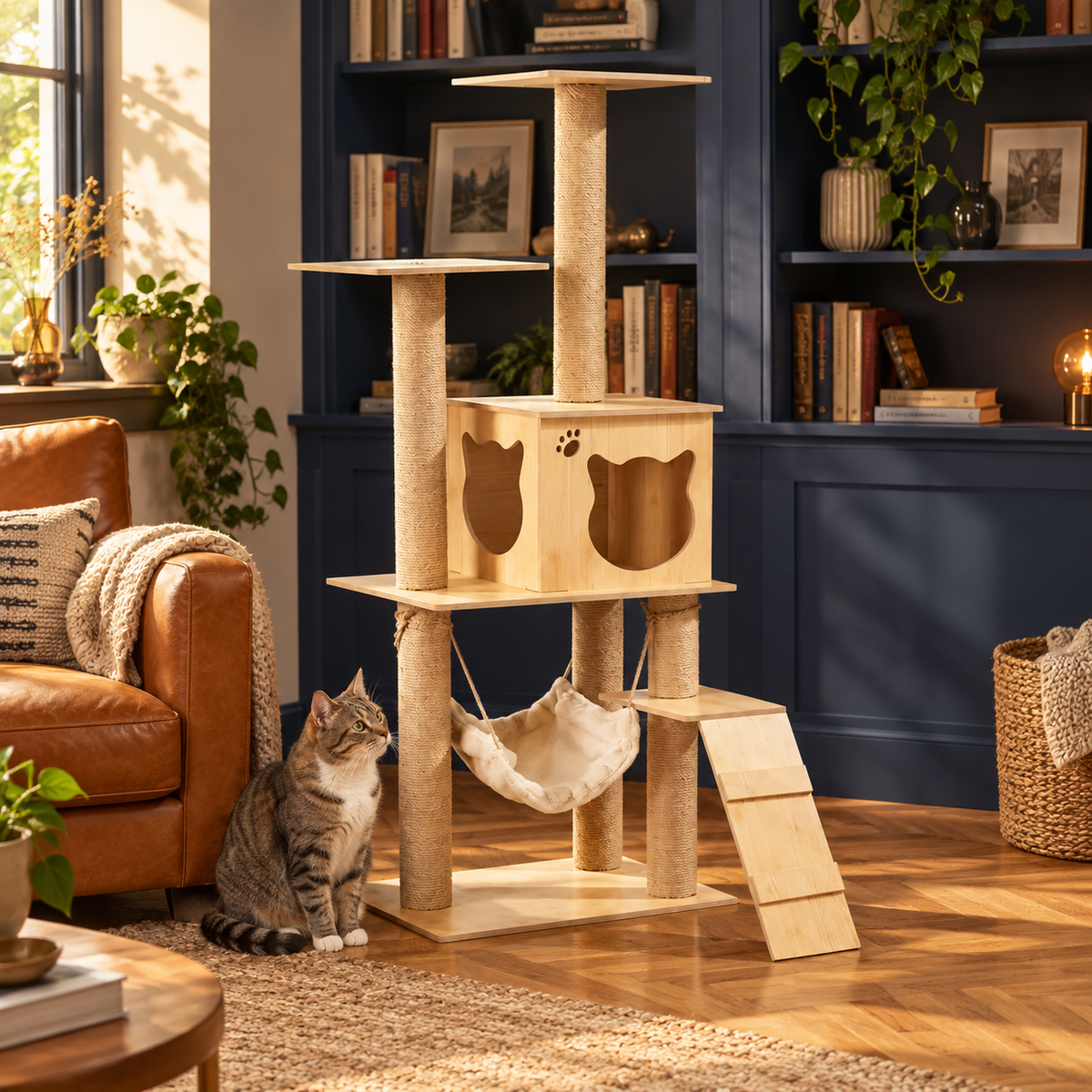 Neko Ki – Arbre à chat en bois – 4 niveaux, 130 cm — mise en situation 2
