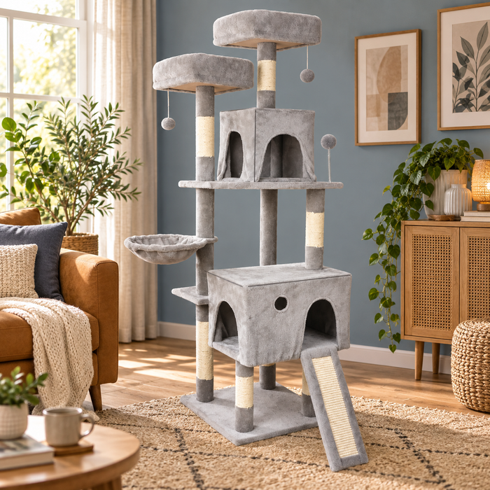 Neko Asobi – Arbre à chat avec niche et hamac – 162 cm — mise en situation 1