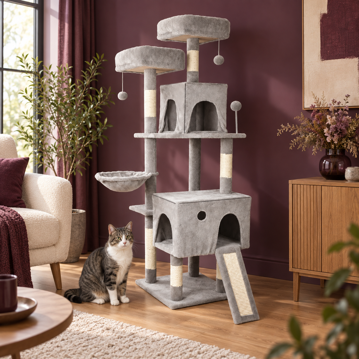 Neko Asobi – Arbre à chat avec niche et hamac – 162 cm — mise en situation 2