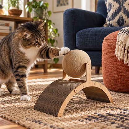 Neko Tama – Griffoir boule 2-en-1 en bois — mise en situation avec chat