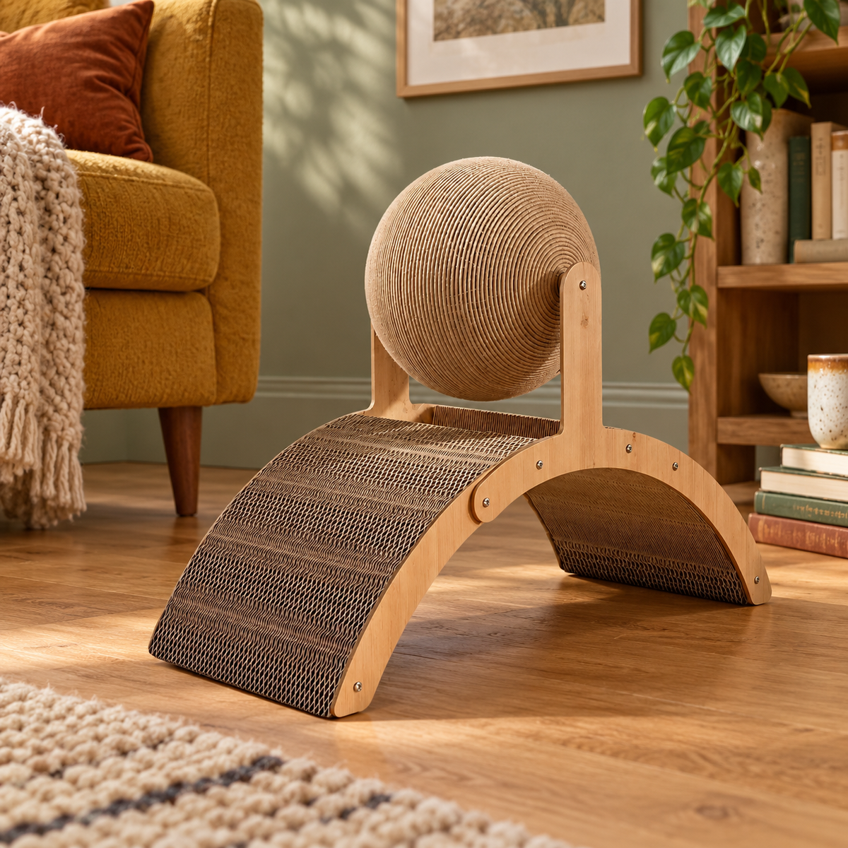 Neko Tama – Griffoir boule 2-en-1 en bois — mise en situation sans chat