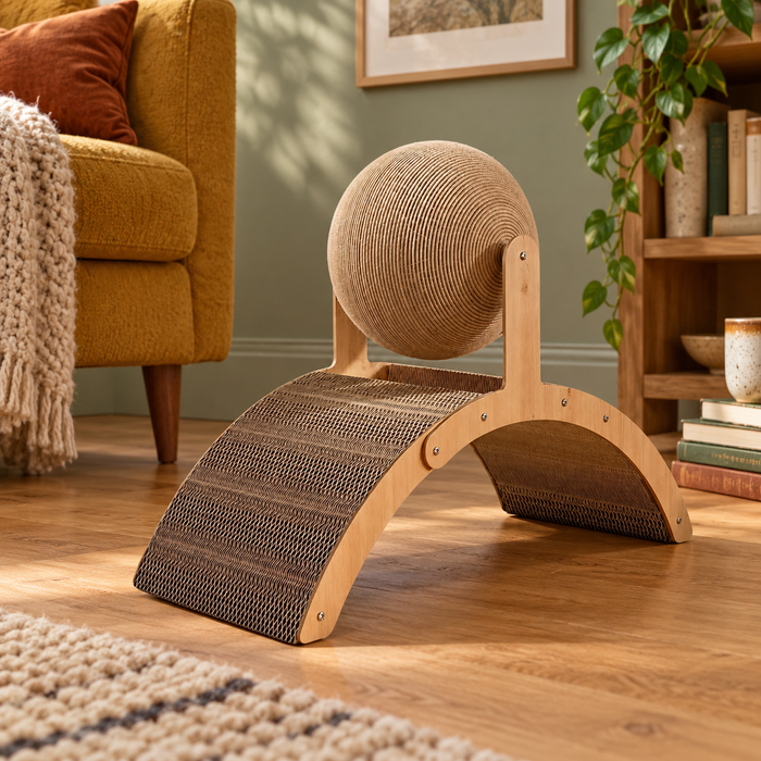 Neko Tama – Griffoir boule 2-en-1 en bois — mise en situation sans chat