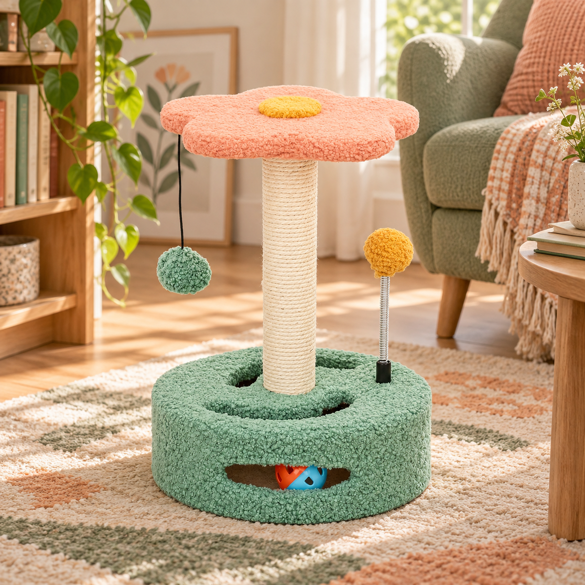 Neko Minka – Petit griffoir fleuri avec plateau et jeux — intérieur lumineux