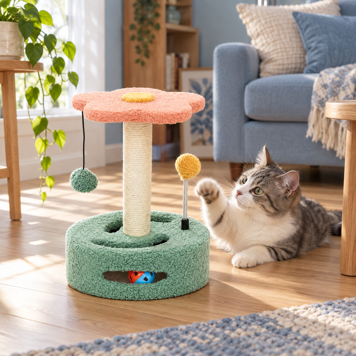 Neko Minka – Petit griffoir fleuri avec plateau et jeux — intérieur chaleureux