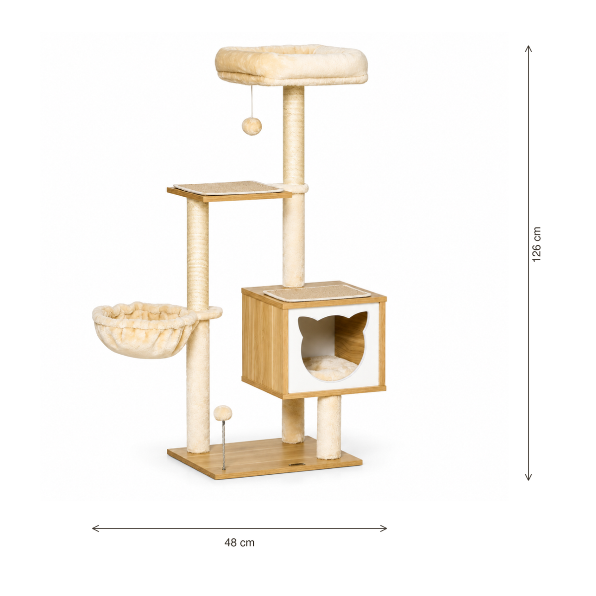 Neko Nagi – Arbre à chat compact 126 cm avec niche et hamac — dimensions