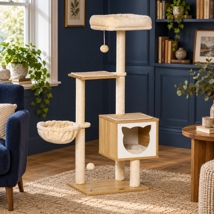 Neko Nagi – Arbre à chat compact 126 cm avec niche et hamac — intérieur lumineux