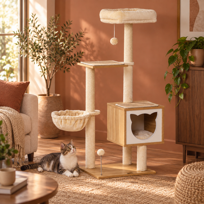 Neko Nagi – Arbre à chat compact 126 cm avec niche et hamac — intérieur chaleureux