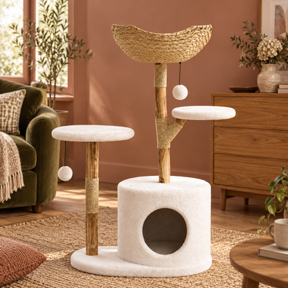 Neko Kago – Arbre à chat en bois et rotin – 2 plateformes — mise en situation 1