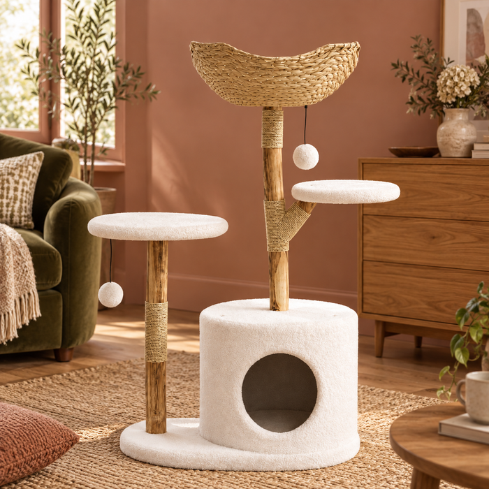 Neko Kago – Arbre à chat en bois et rotin – 2 plateformes — mise en situation 1