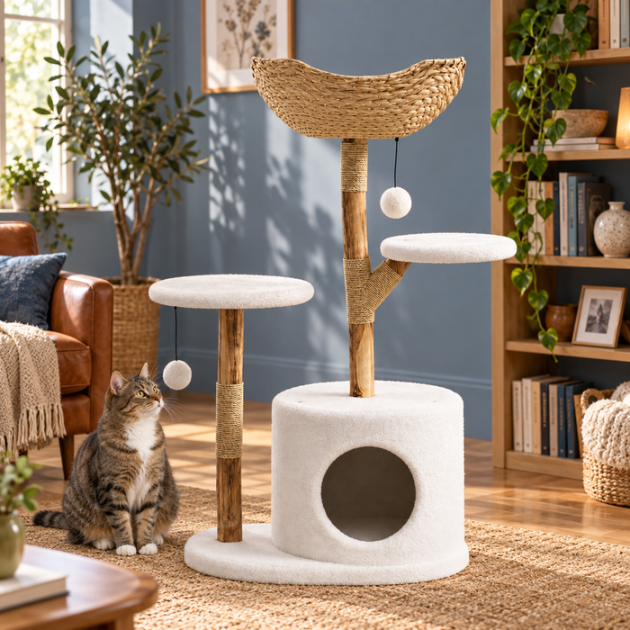 Neko Kago – Arbre à chat en bois et rotin – 2 plateformes — mise en situation 2