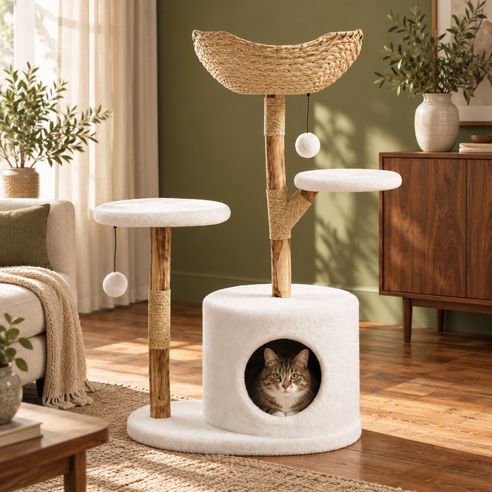 Neko Kago – Arbre à chat en bois et rotin – 2 plateformes — mise en situation 3