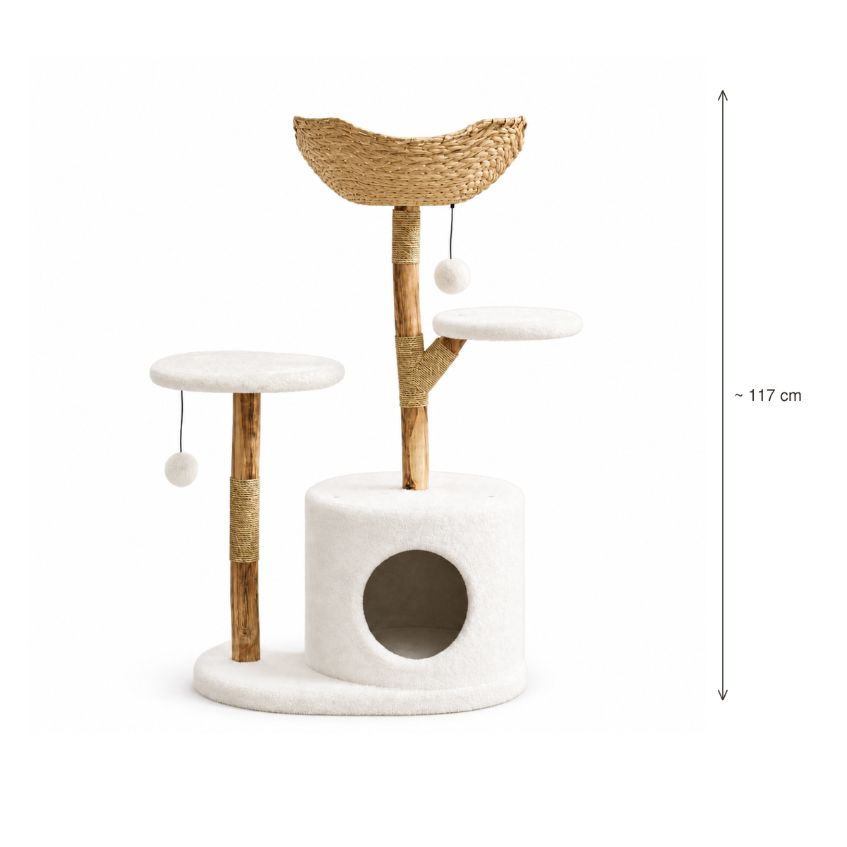 Neko Kago – Arbre à chat en bois et rotin – 2 plateformes — hauteur 117 cm