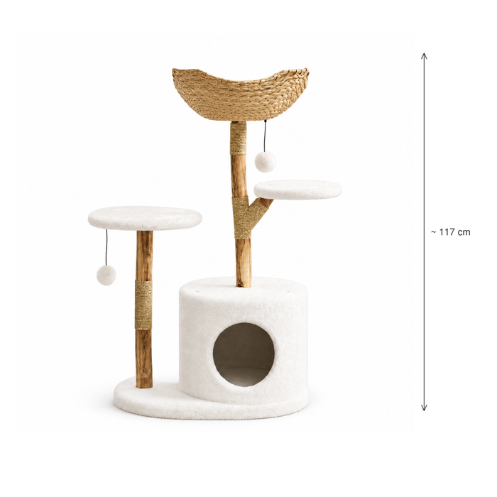 Neko Kago – Arbre à chat en bois et rotin – 2 plateformes — hauteur 117 cm