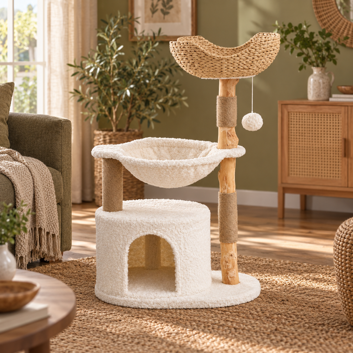 Neko Moku – Arbre à chat en bois et rotin – Modèle A — intérieur lumineux