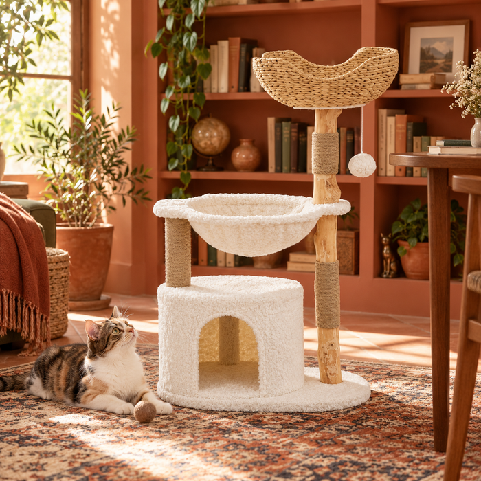 Neko Moku – Arbre à chat en bois et rotin – Modèle A — intérieur chaleureux