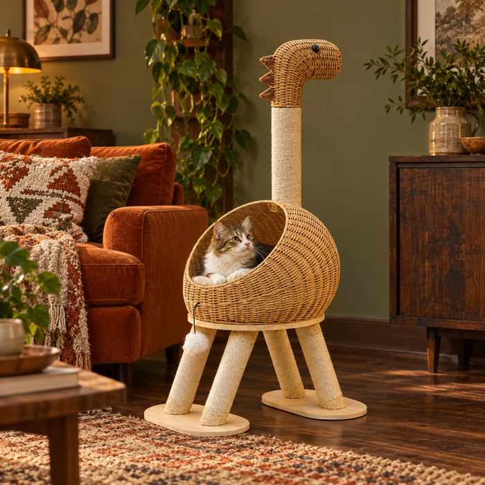 Neko Ryū – Arbre à chat design en rotin 116 cm — mise en situation avec chat