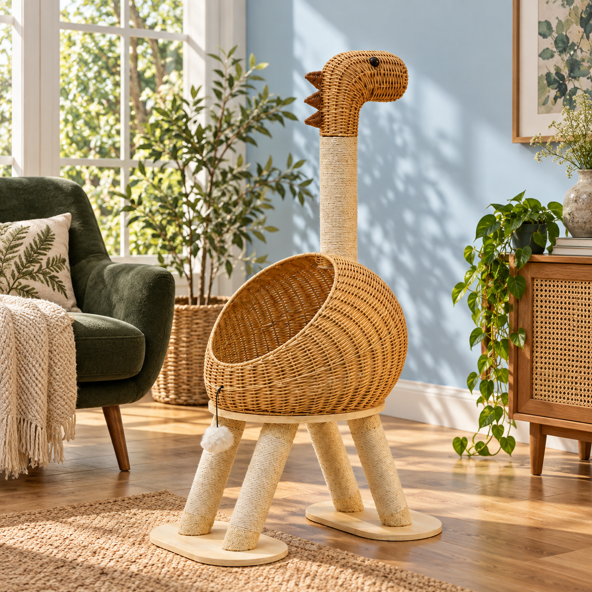 Neko Ryū – Arbre à chat design en rotin 116 cm — mise en situation sans chat