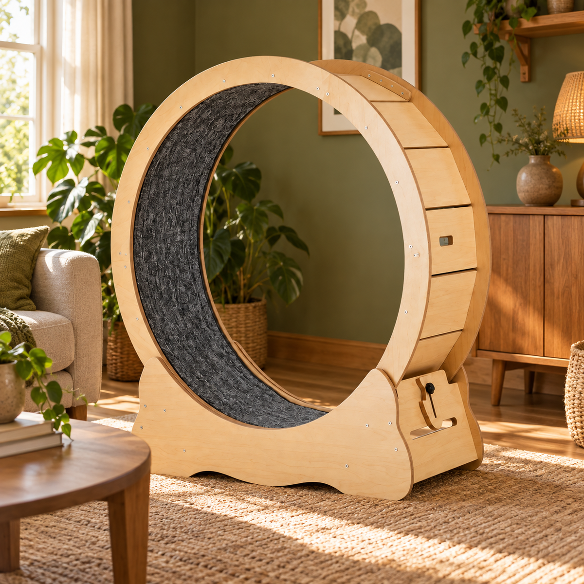 Neko Kuruma – Roue d’exercice en bois pour chat – 110 cm — mise en situation 1