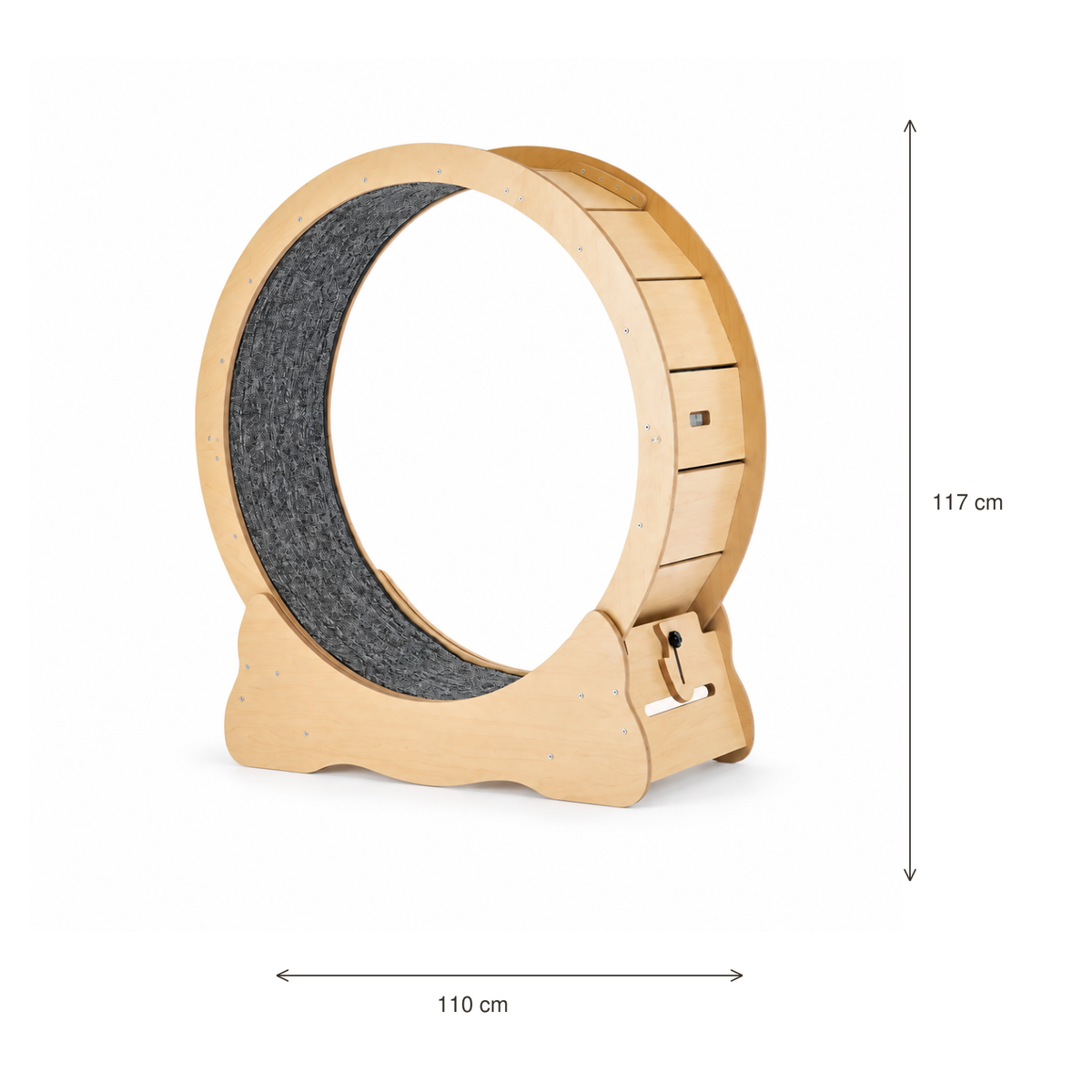 Neko Kuruma – Roue d’exercice en bois pour chat – 110 cm — dimensions sur fond blanc