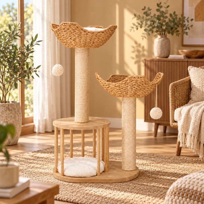 Neko Kiri – Arbre à chat en bois et paniers tressés 99 cm — mise en situation 1