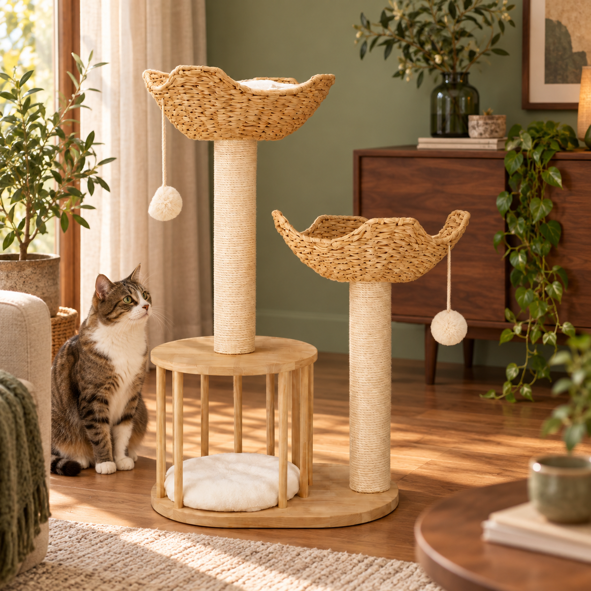Neko Kiri – Arbre à chat en bois et paniers tressés 99 cm — mise en situation 2