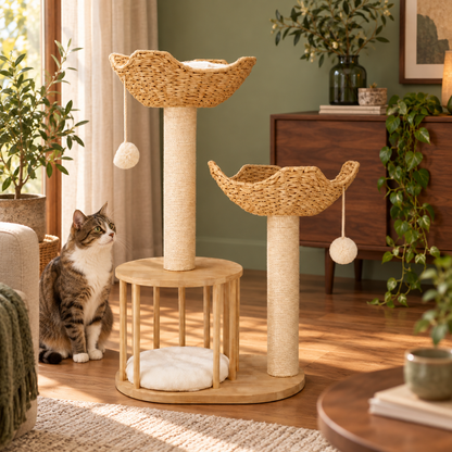 Neko Kiri – Arbre à chat en bois et paniers tressés 99 cm — mise en situation 2