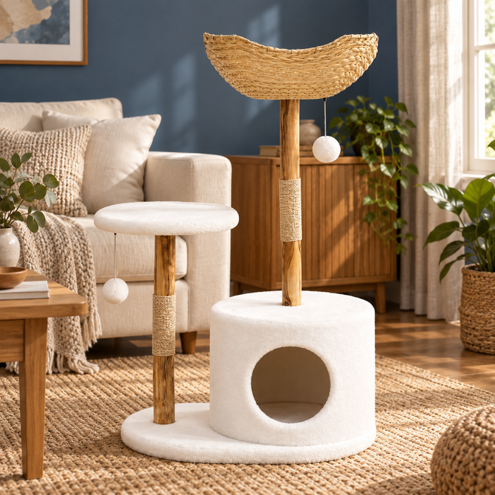 Neko Kago – Arbre à chat en bois et rotin – 1 plateforme — mise en situation 1