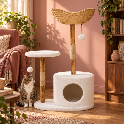 Neko Kago – Arbre à chat en bois et rotin – 1 plateforme — mise en situation 2