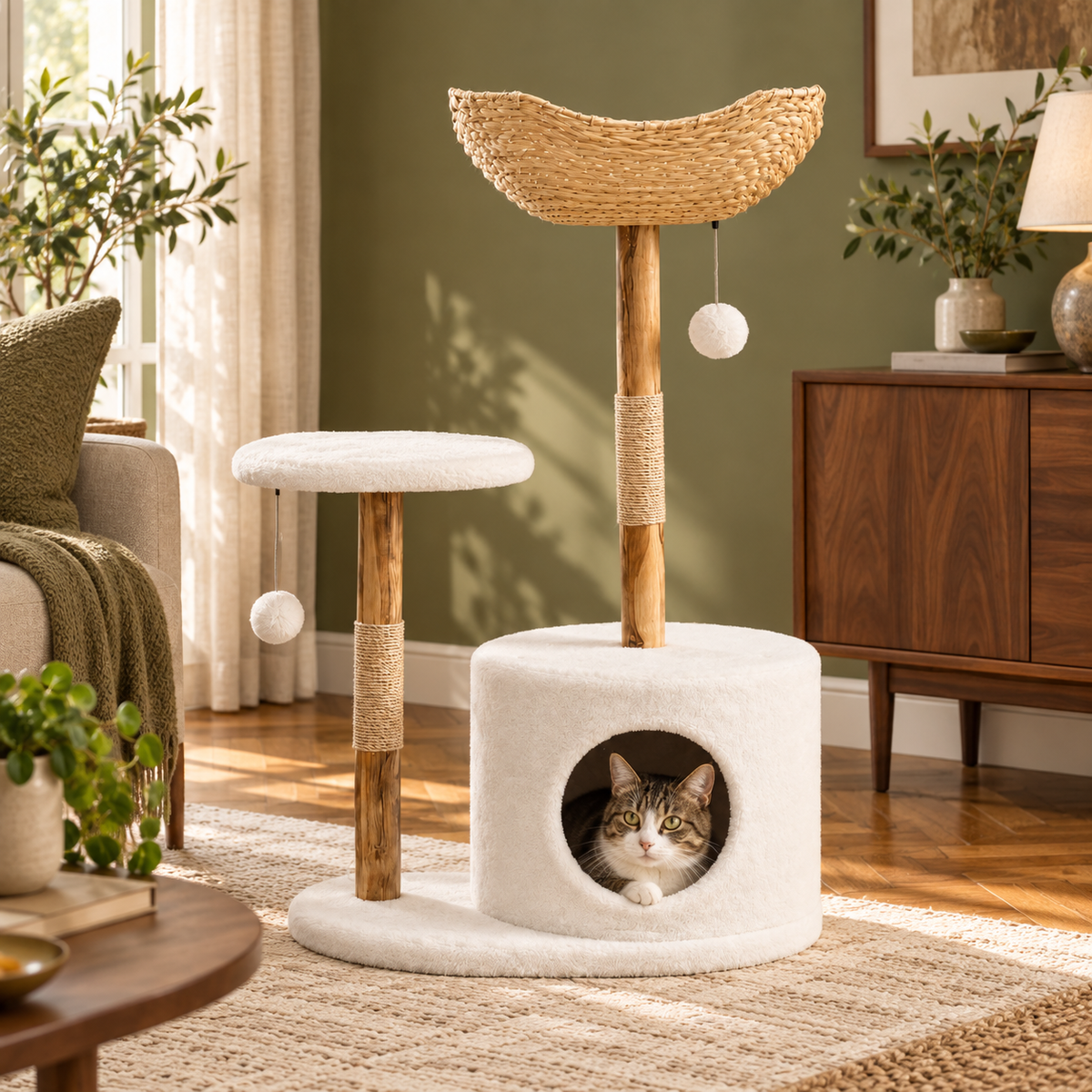 Neko Kago – Arbre à chat en bois et rotin – 1 plateforme — mise en situation 3