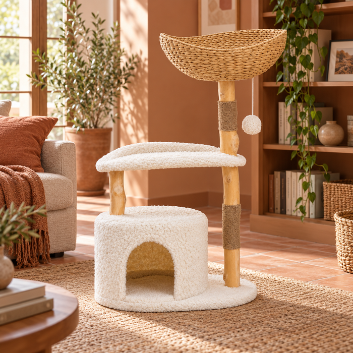 Neko Moku – Arbre à chat en bois et rotin – Modèle B — intérieur lumineux