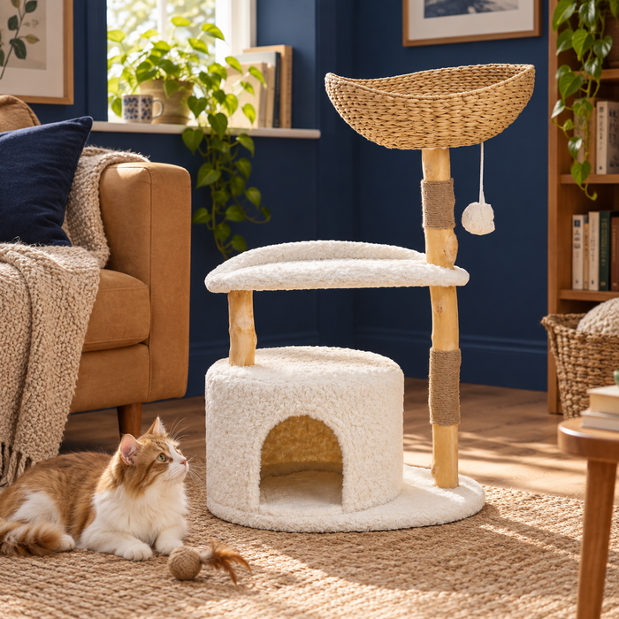 Neko Moku – Arbre à chat en bois et rotin – Modèle B — intérieur chaleureux