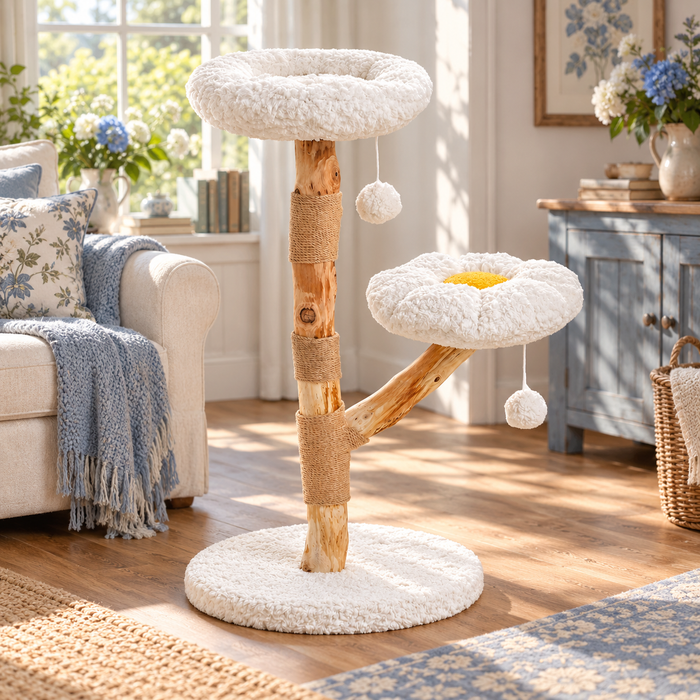 Neko Moku – Arbre à chat en bois et rotin – Modèle C — intérieur lumineux