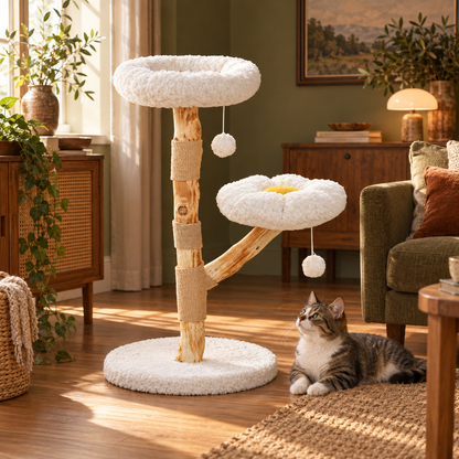 Neko Moku – Arbre à chat en bois et rotin – Modèle C — intérieur chaleureux