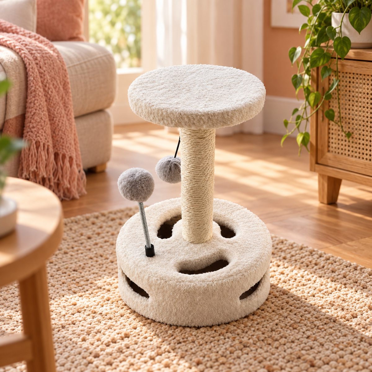 Neko Minka – Petit griffoir avec plateau rond – Modèle C — ambiance 1