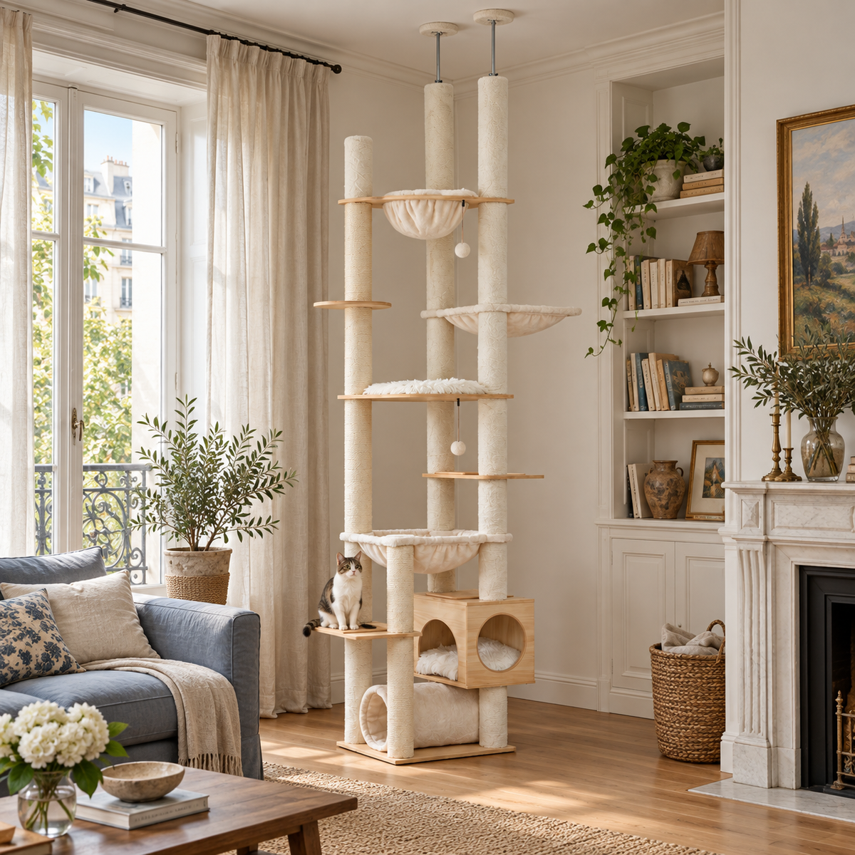 Neko Mori – Arbre à chat sol-plafond 237 à 256 cm – Modèle B beige — mise en situation avec chat