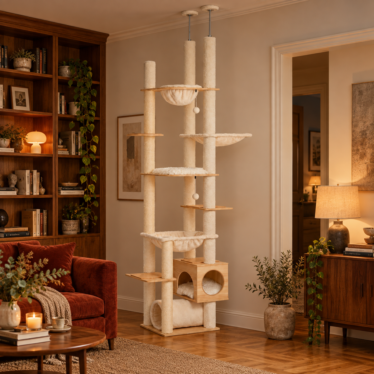 Neko Mori – Arbre à chat sol-plafond 237 à 256 cm – Modèle B beige — mise en situation sans chat