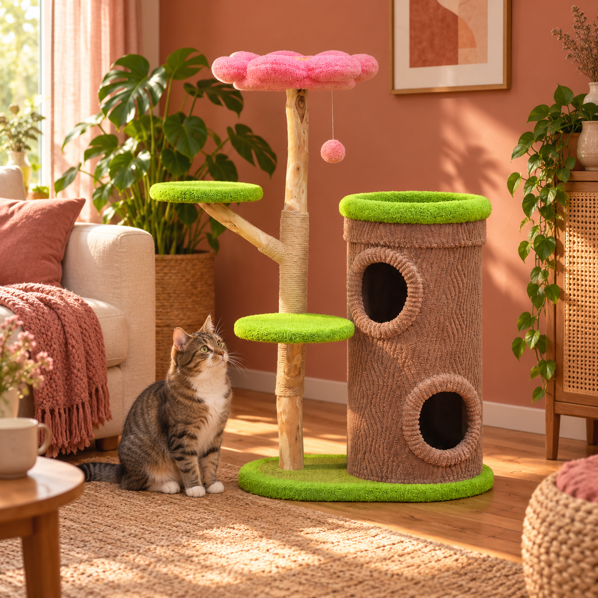 Neko Kodama – Arbre à chat forêt avec double niche – 136 cm — mise en situation 2