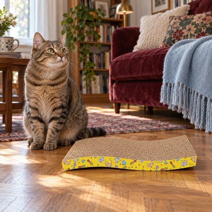Neko Sofa – Griffoir en carton – Forme S — mise en situation avec chat