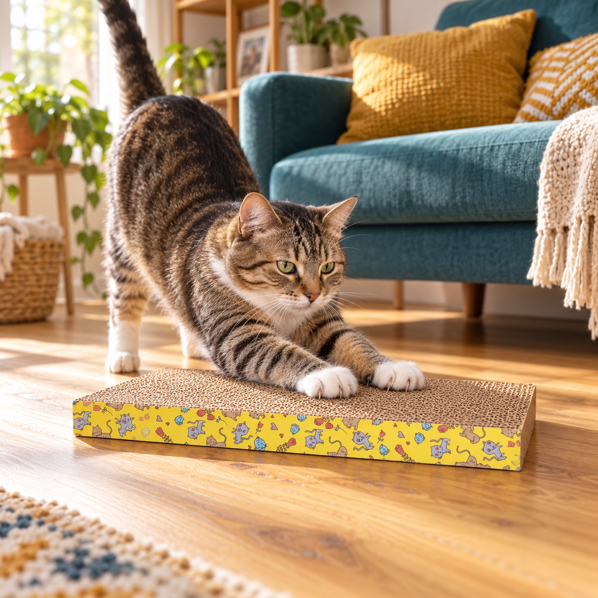 Neko Sofa – Griffoir en carton – Plaque droite — mise en situation avec chat