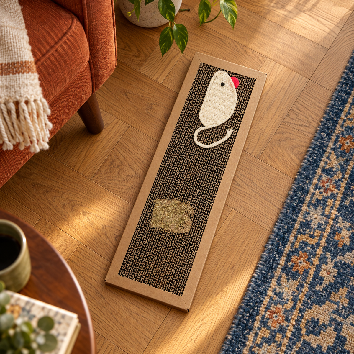 Neko Maru – Planche griffoir en carton avec souris – S — ambiance 1
