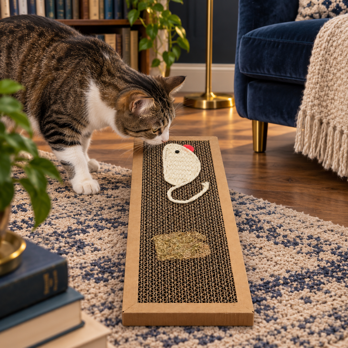 Neko Maru – Planche griffoir en carton avec souris – S — ambiance 2