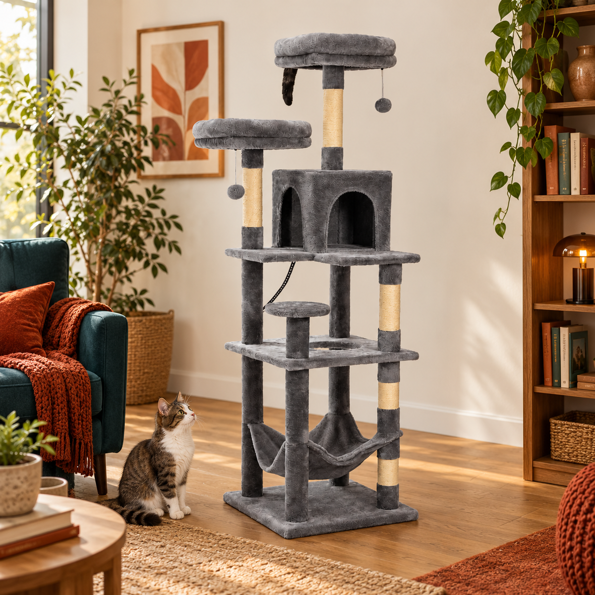 Neko Taiga – Arbre à chat XXL modèle D – 143 cm — mise en situation avec chat