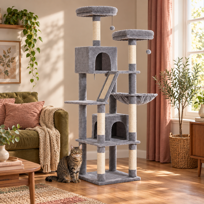 Neko Taiga – Arbre à chat XXL modèle E – 180 cm — mise en situation avec chat