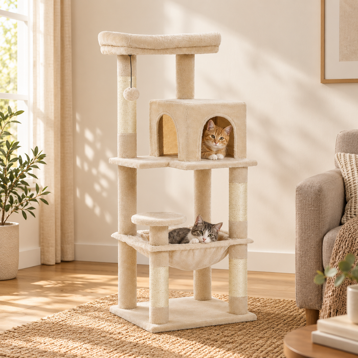 Neko Sora beige avec deux chats installés dans la niche et le hamac