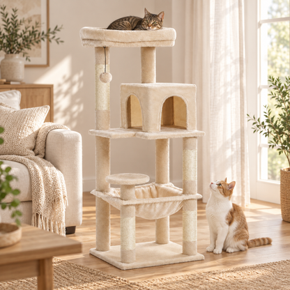 Neko Sora beige avec un chat sur le perchoir et un second au pied, dans un salon lumineux