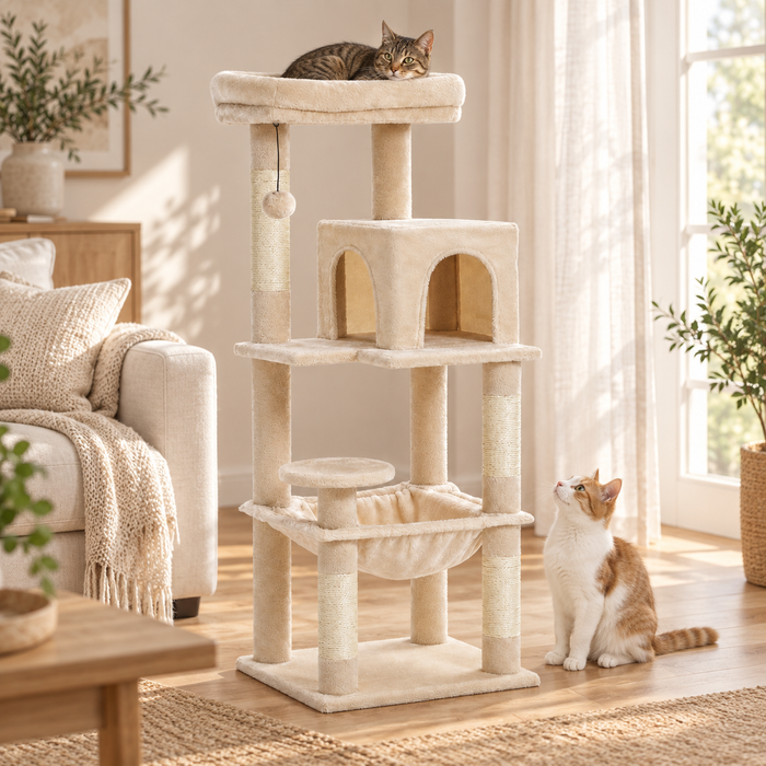 Neko Sora beige avec un chat sur le perchoir et un second au pied, dans un salon lumineux