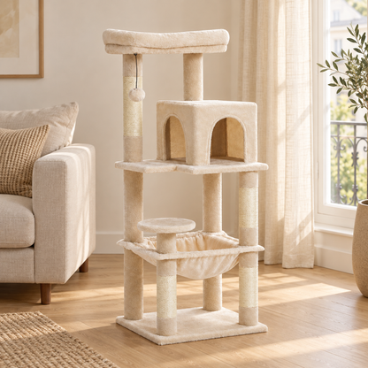 Neko Sora beige dans un salon lumineux, près d’un canapé en lin