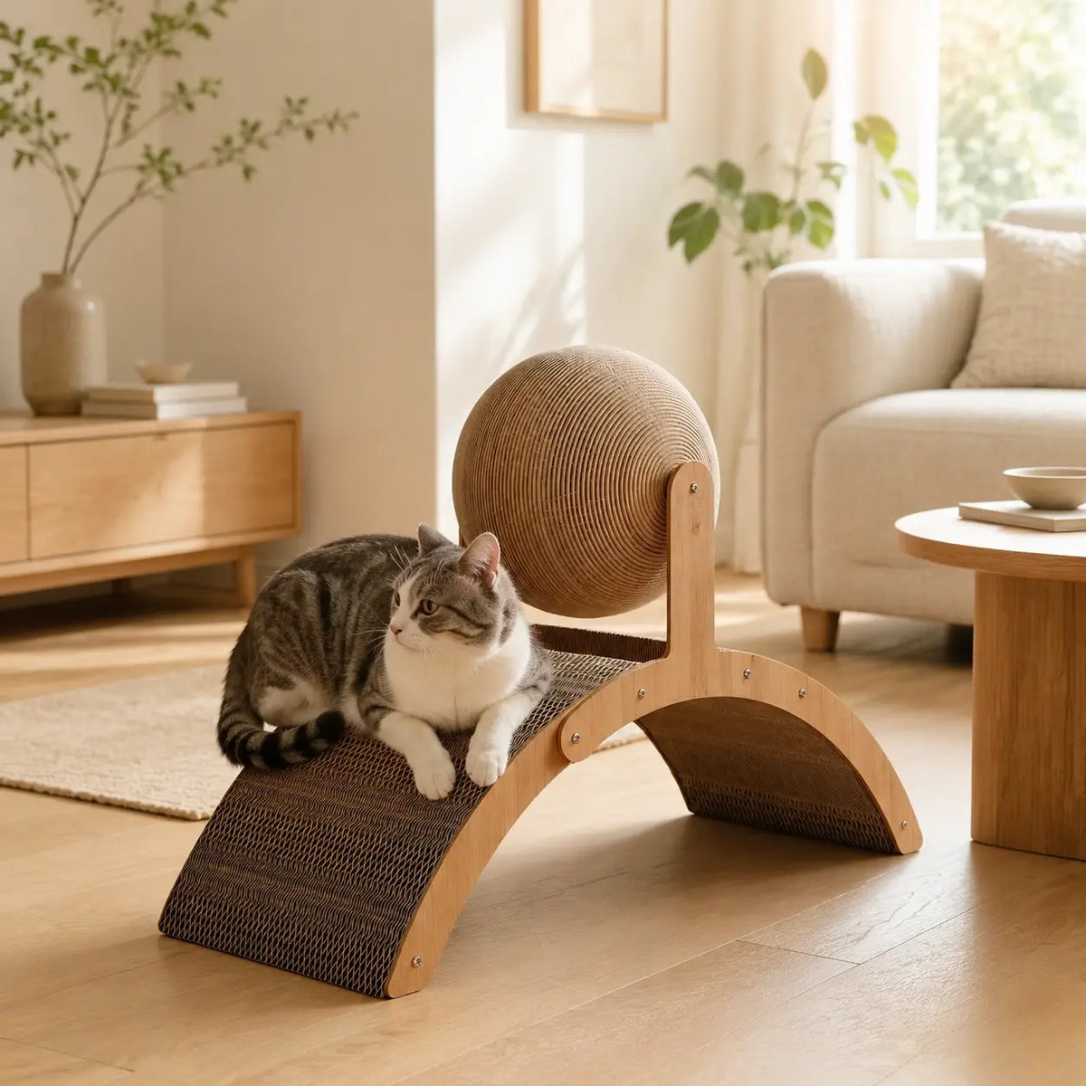 Neko Tama – Griffoir boule 2-en-1 en bois dans un intérieur avec chats
