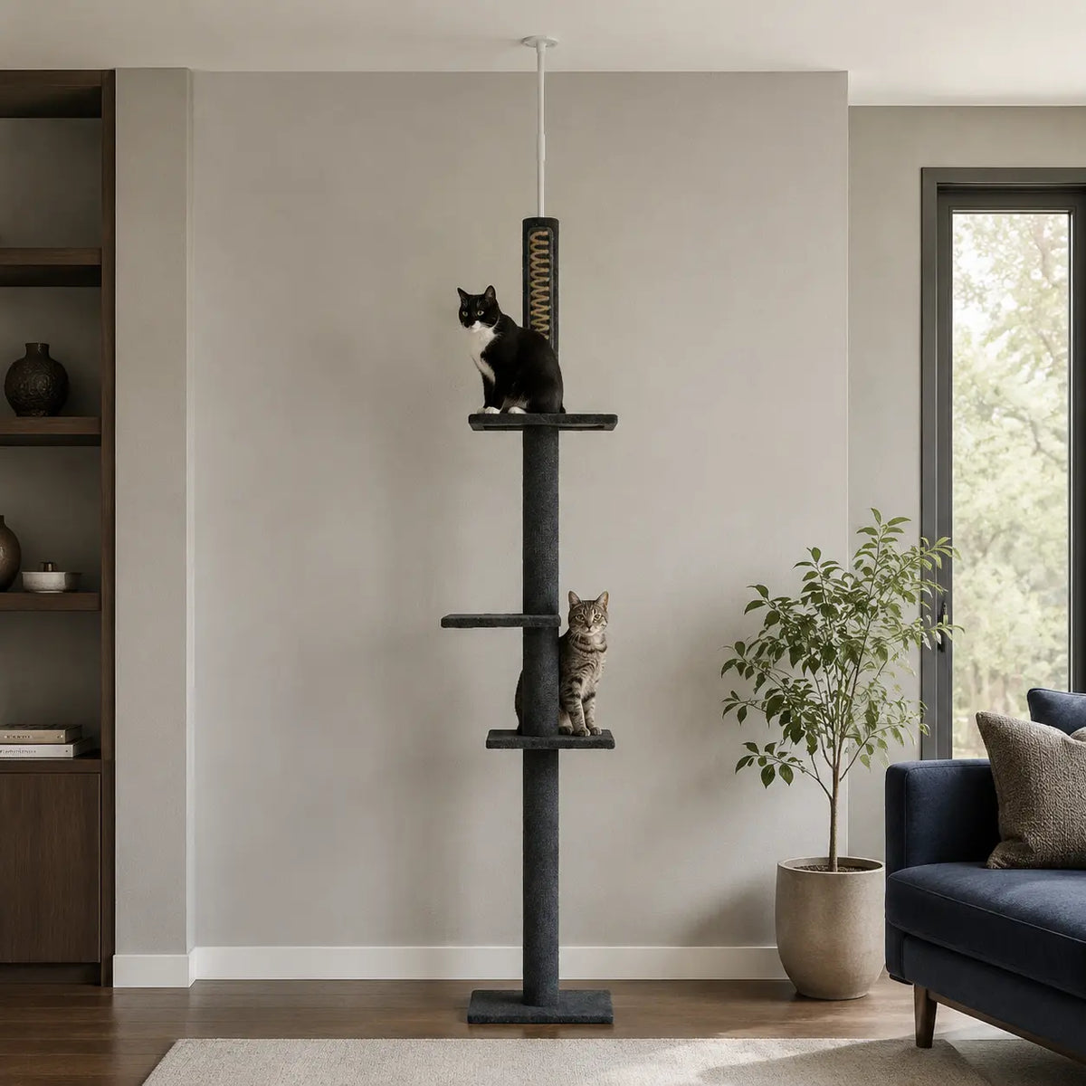Neko Tenjo – Arbre à chat du sol au plafond réglable dans un intérieur coordonné avec chats