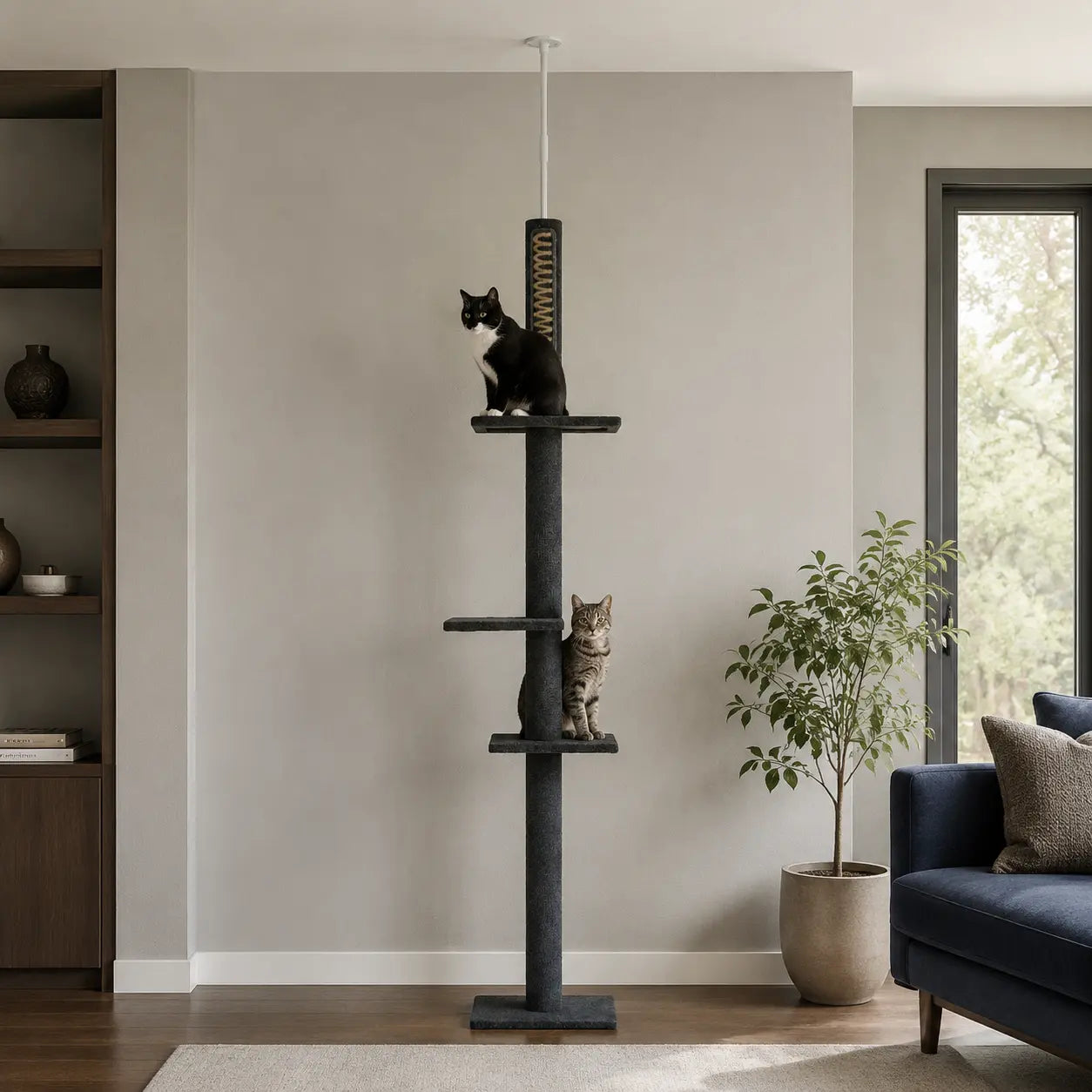 Neko Tenjo – Arbre à chat du sol au plafond réglable dans un intérieur coordonné avec chats
